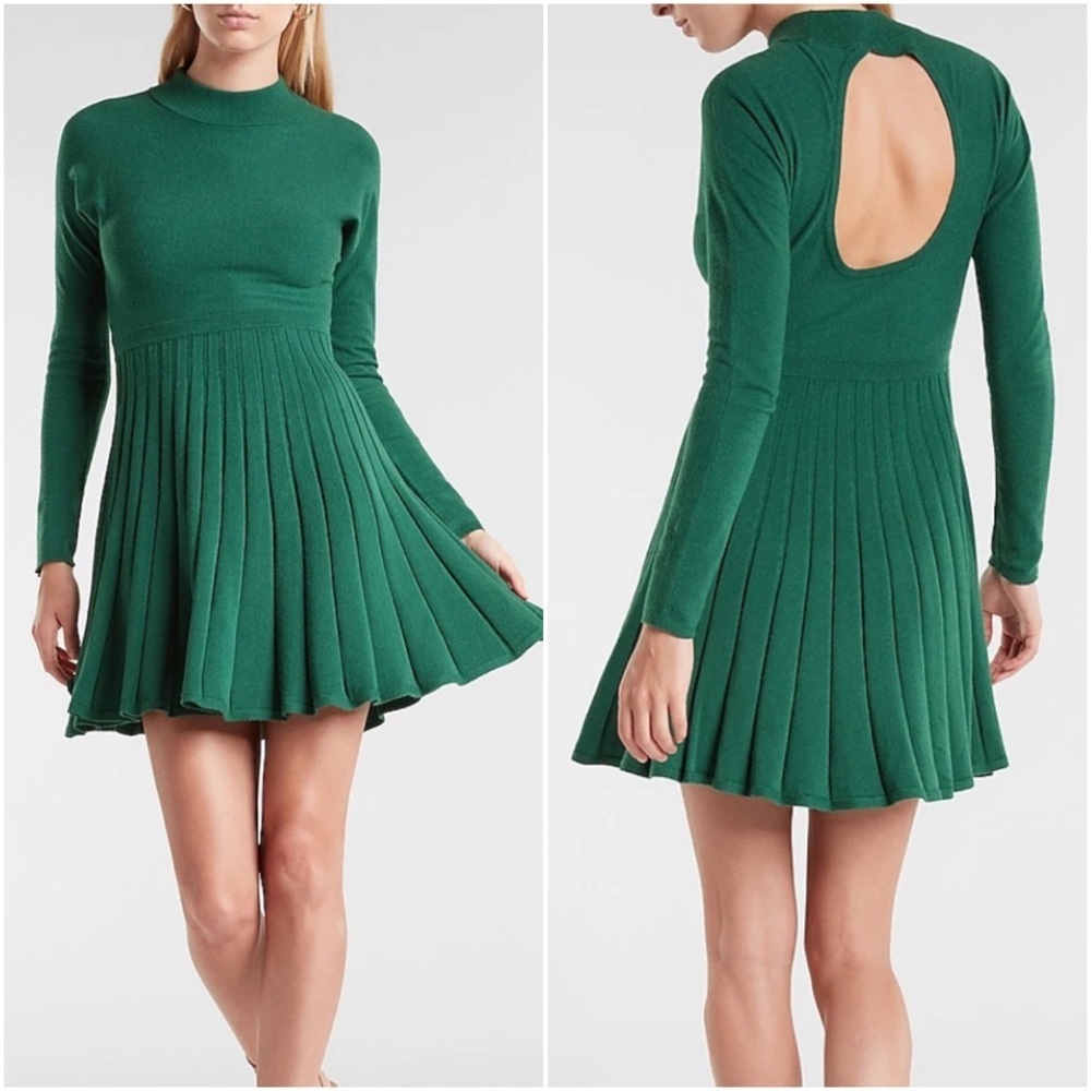 [🌟 PRICE FIRM] ☘️ EXPRESS Emerald Green Pleated Open-Back Knit Sweater Dress S
